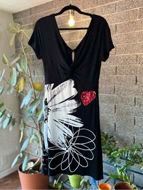 Desigual Y2K 2000s Black Floral Art Print Jersey Midi Dress